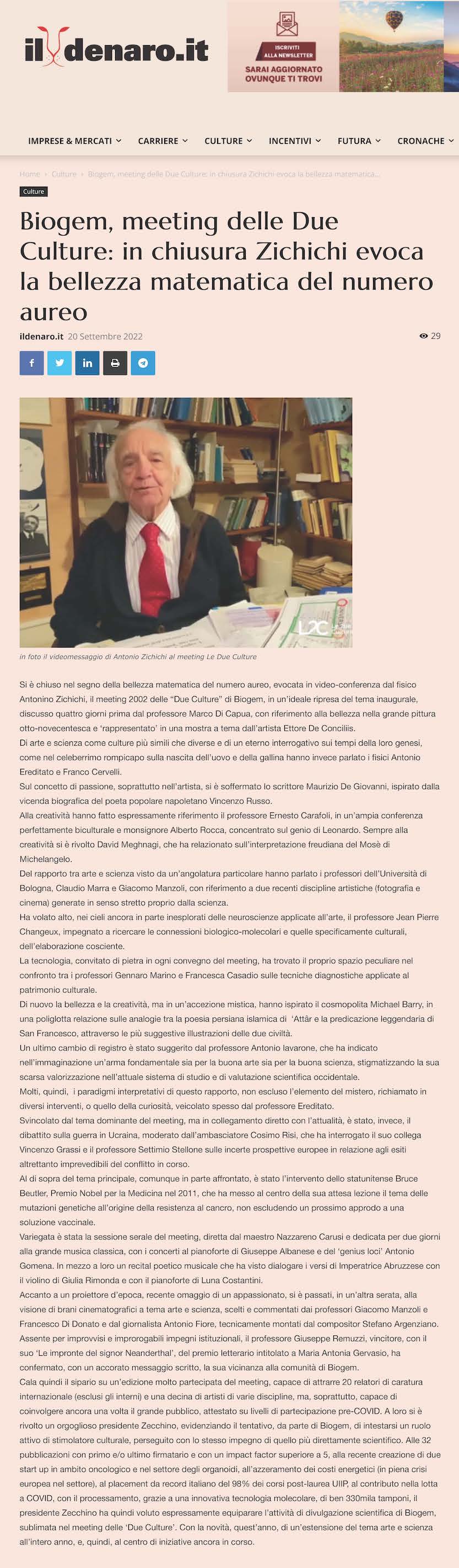 Biogem, meeting delle Due Culture: in chiusura Zichichi evoca la bellezza matematica del numero aureo